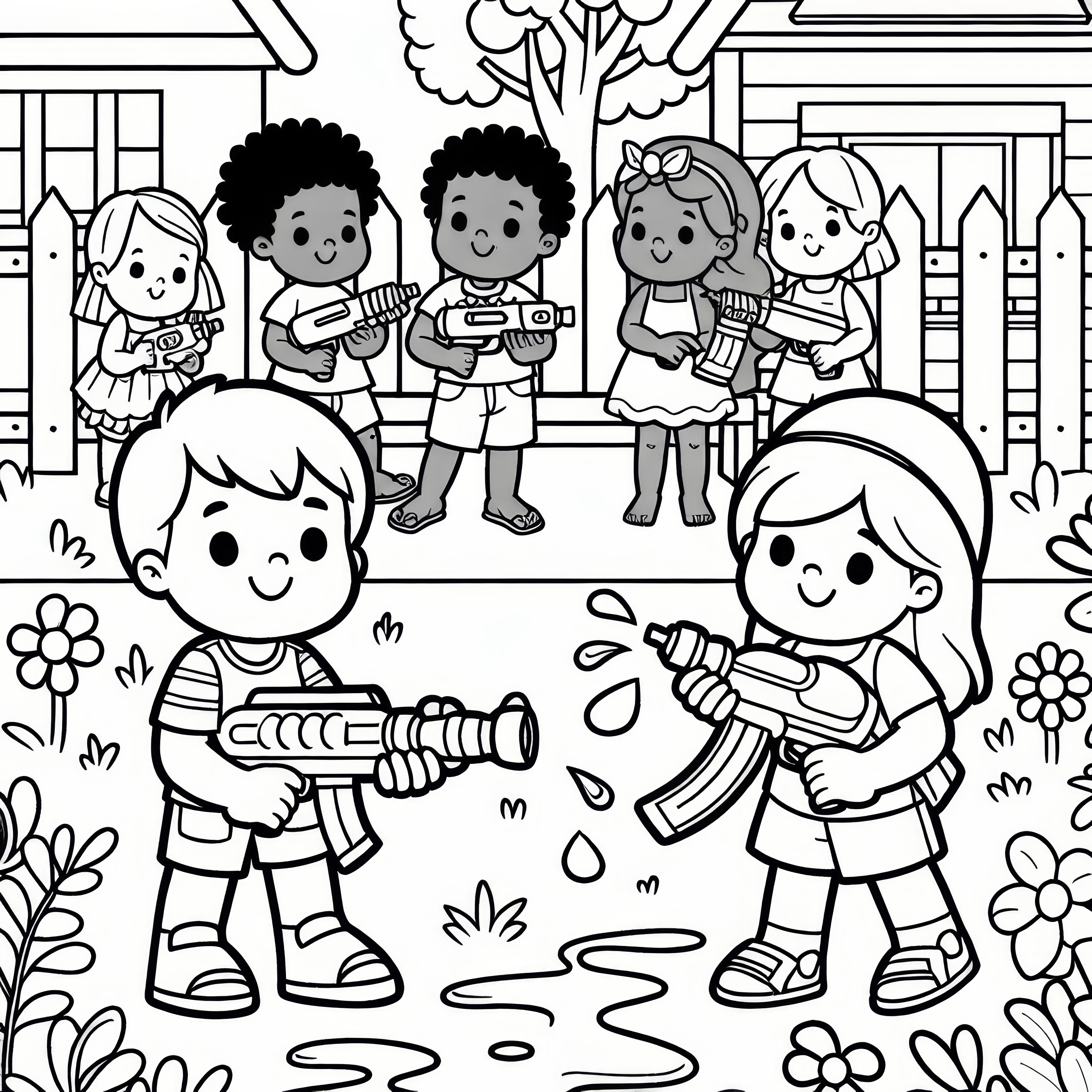 子供たちは子供の日に庭で水鉄砲で遊んでいます: 無料の塗り絵