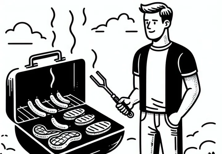Férfi a grill mellett grillfogóval a férfiak napján: Ingyenes színező letöltésre