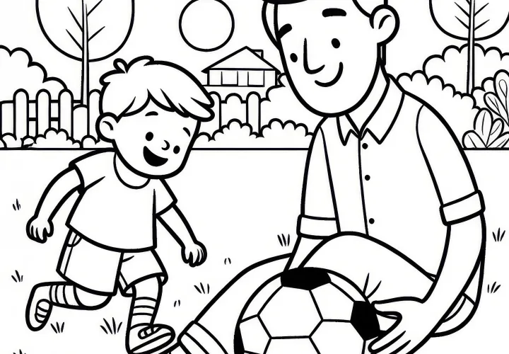 Az apa a kertben focizik a fiával: színező (Ingyenes)