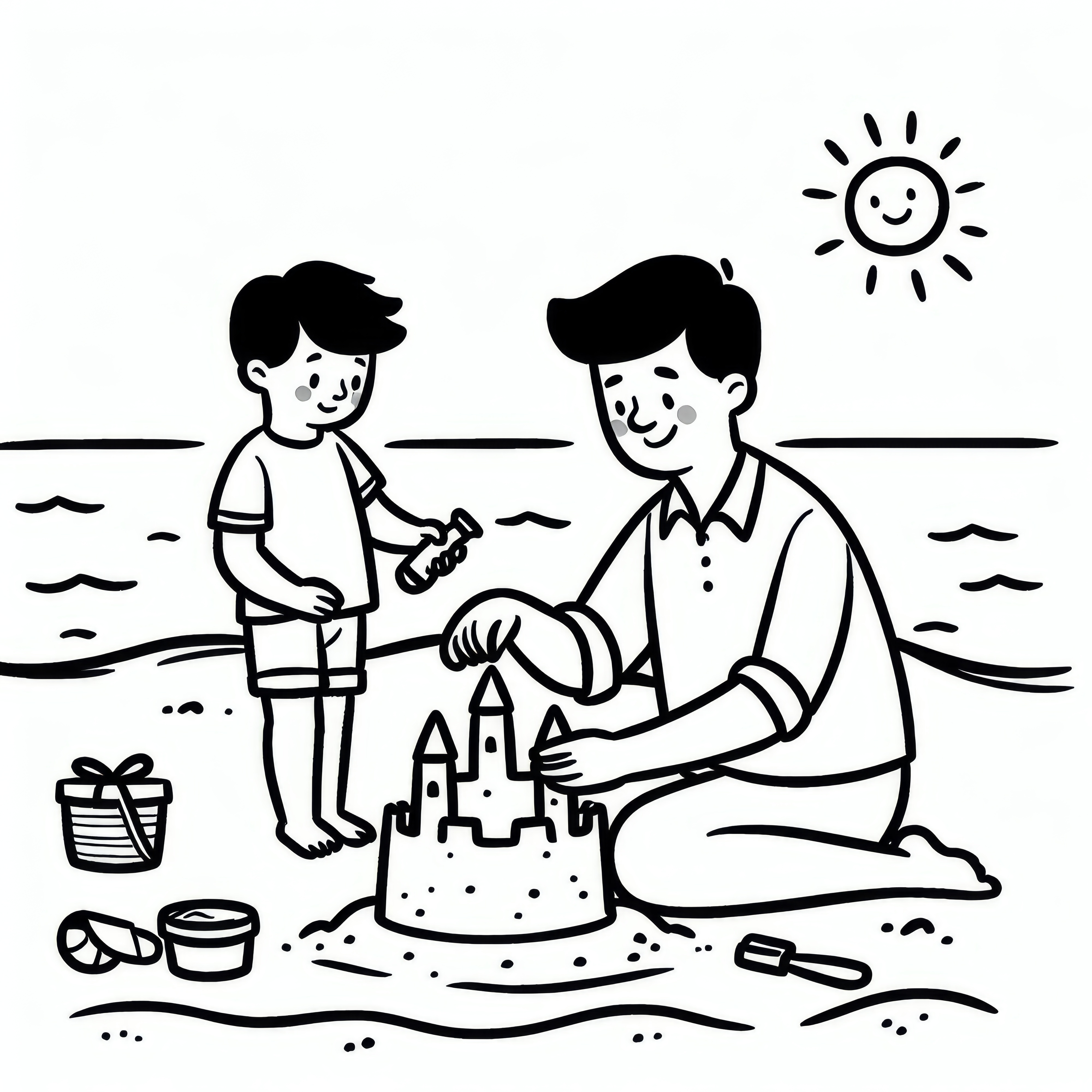 父と子供がビーチで砂の城を作っている：父の日のための無料の塗り絵