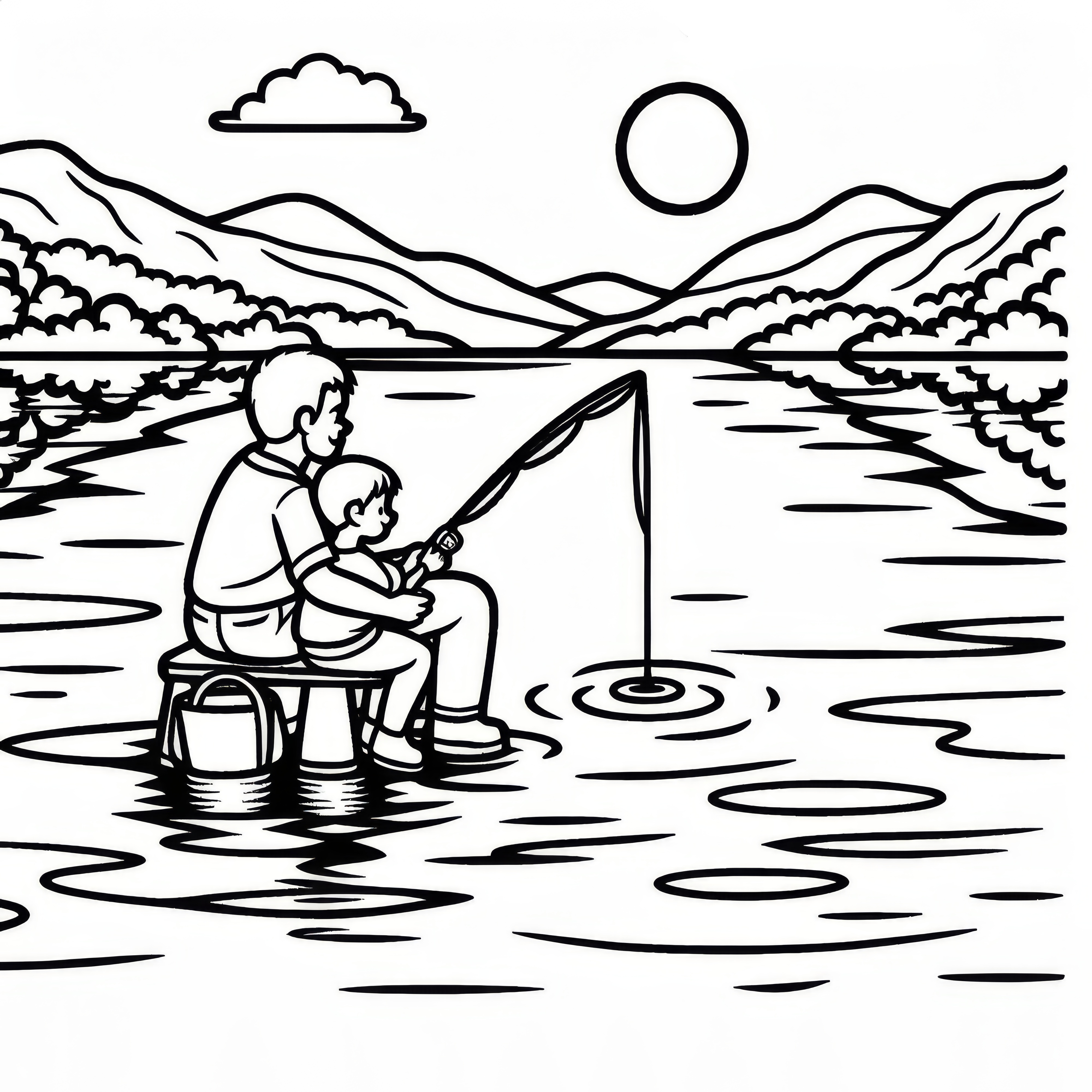 Pai e filho a pescar num lago tranquilo para o Dia do Pai: página para colorir grátis