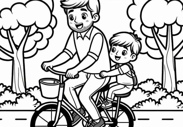 Apa és gyermek biciklizik a parkban apák napján: ingyenes kifestőkép
