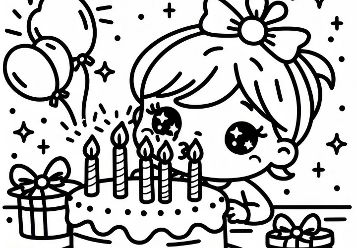 어린이가 생일 케이크의 양초를 끄어요: 다운로드할 수 있는 색칠 공부 (무료)