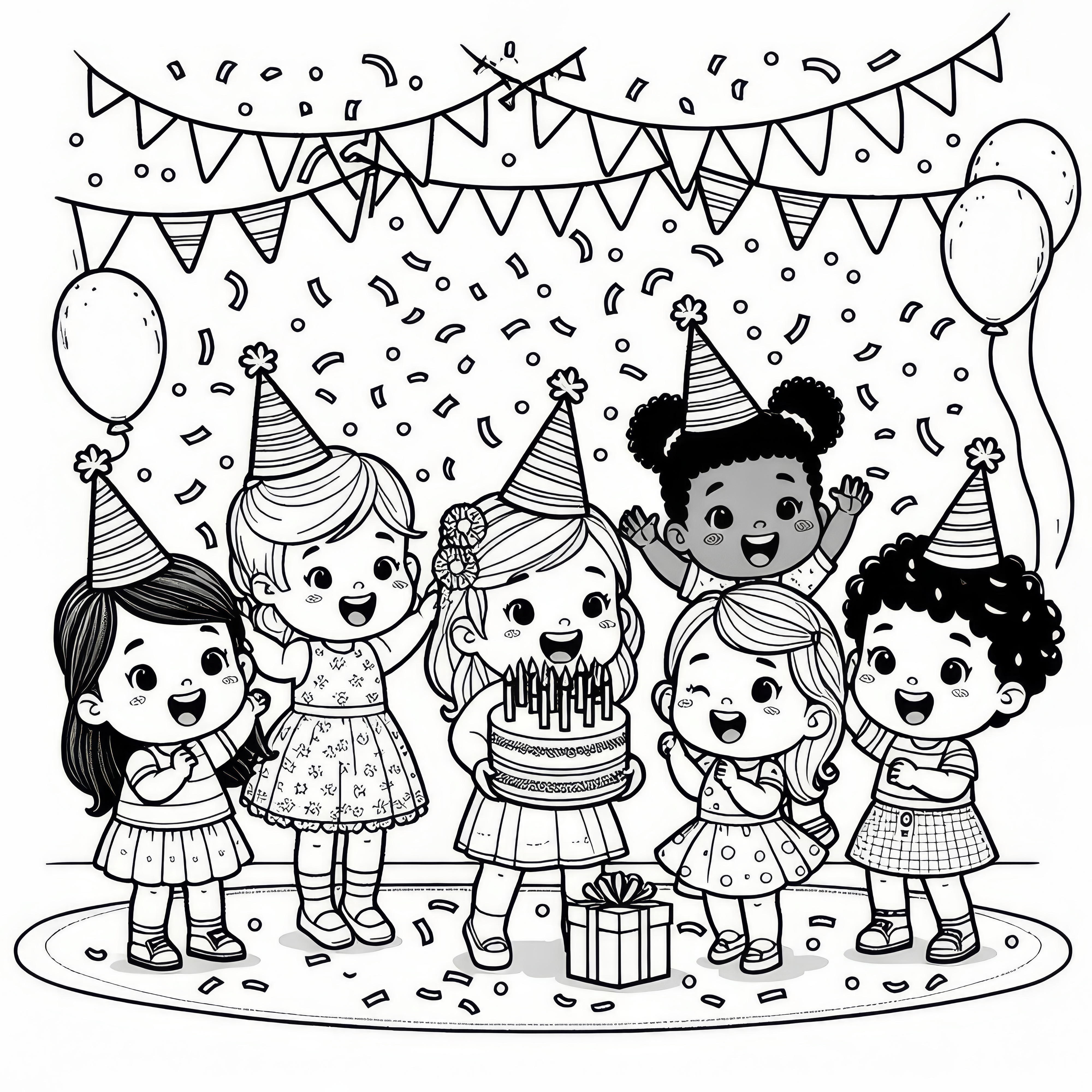 Children surrounded by a birthday cake with confetti: Simple coloring picture for download (Free)