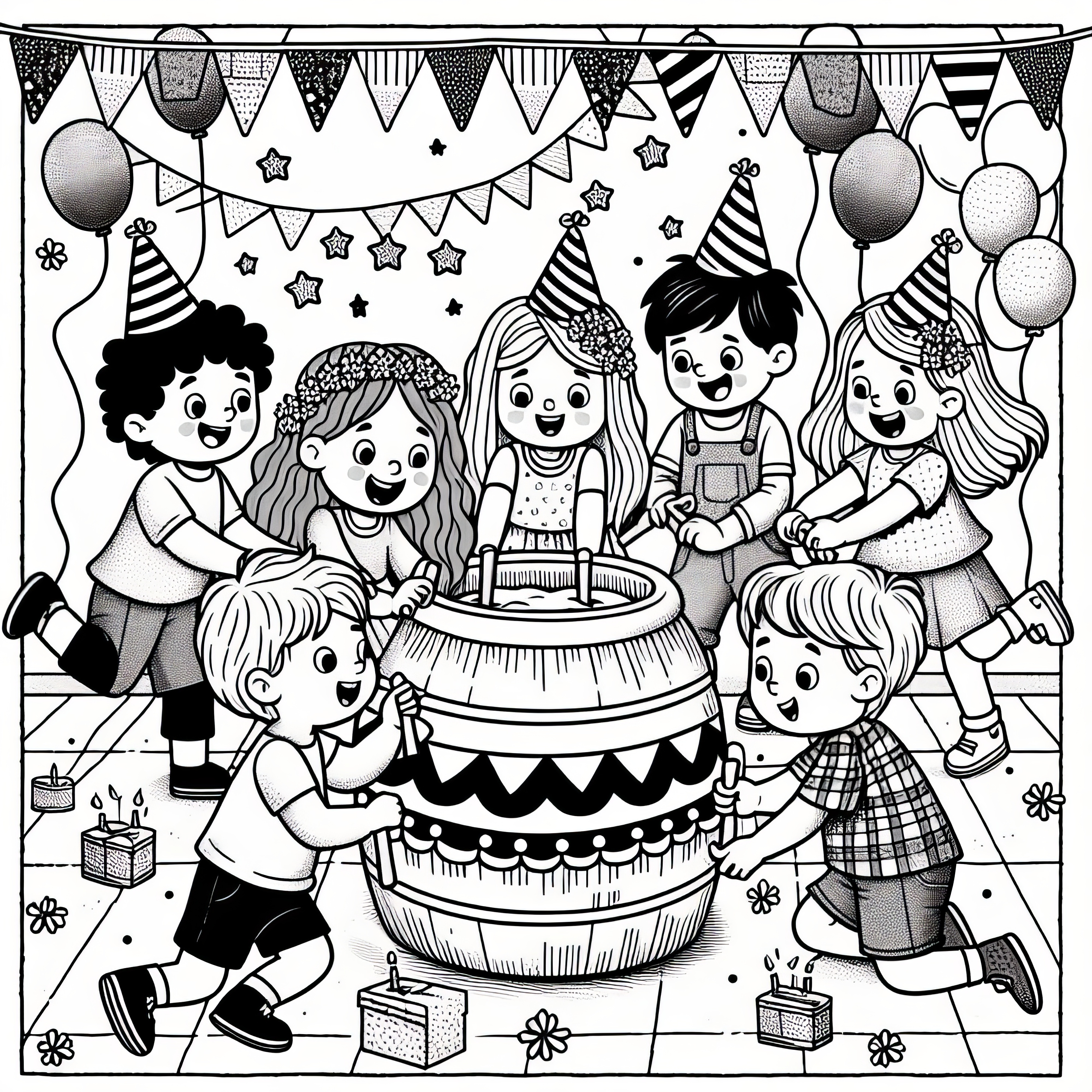 생일 파티에서 어린이 그룹: 무료 색칠 페이�