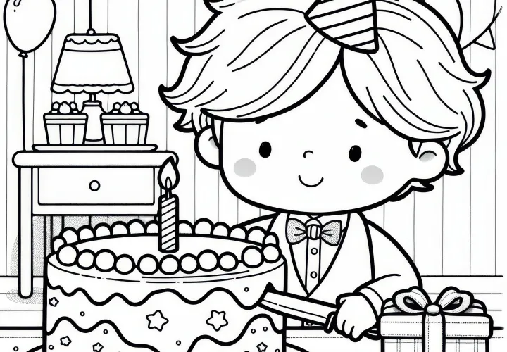 생일 아이가 케이크를 자르다: 달콤한 색칠 화면 (무료)