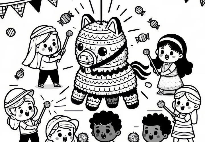 Vidám gyerekek ütik a piniátát: Színező a születésnapra (Ingyenes)