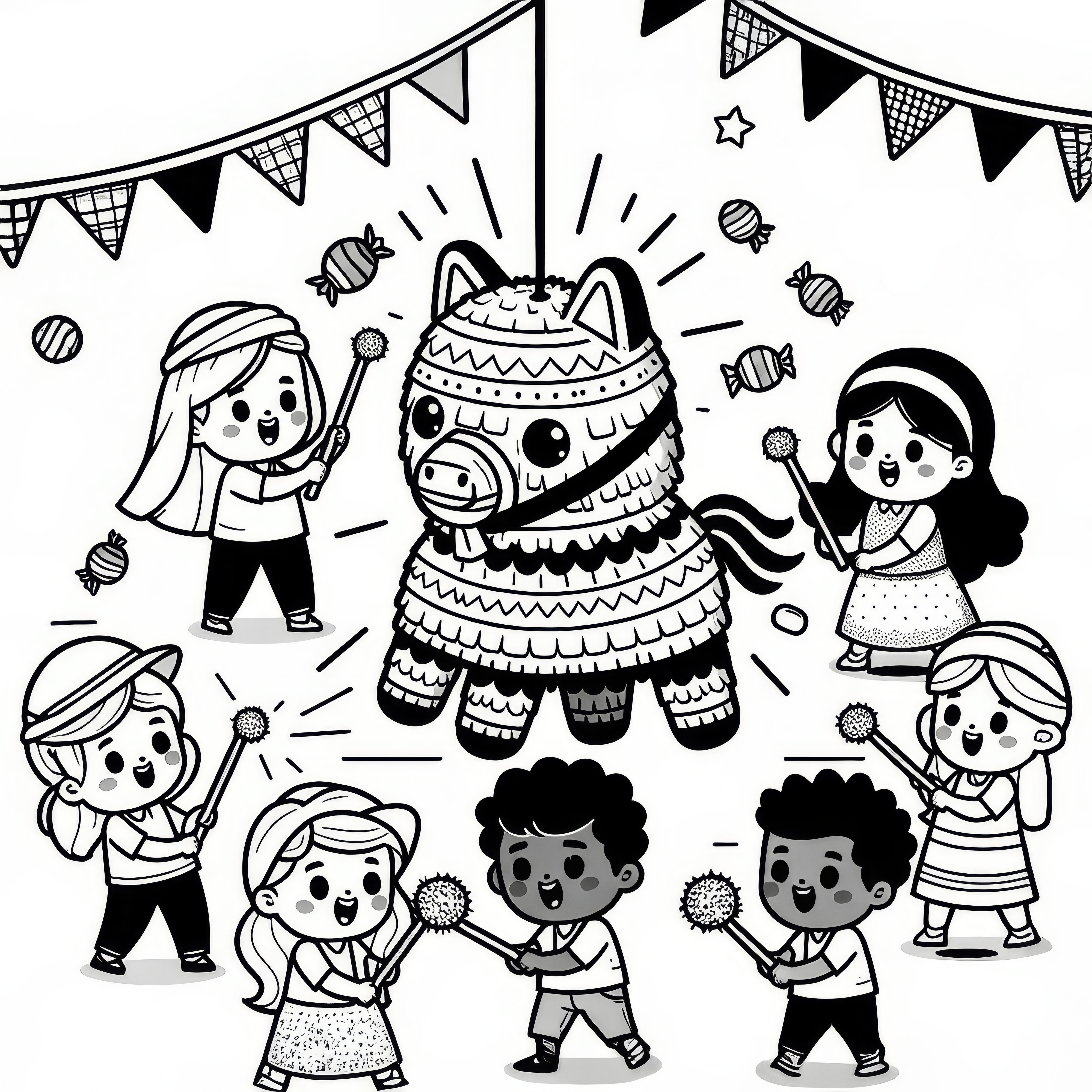 Des enfants joyeux frappent une piñata : image à colorier pour un anniversaire (gratuit)