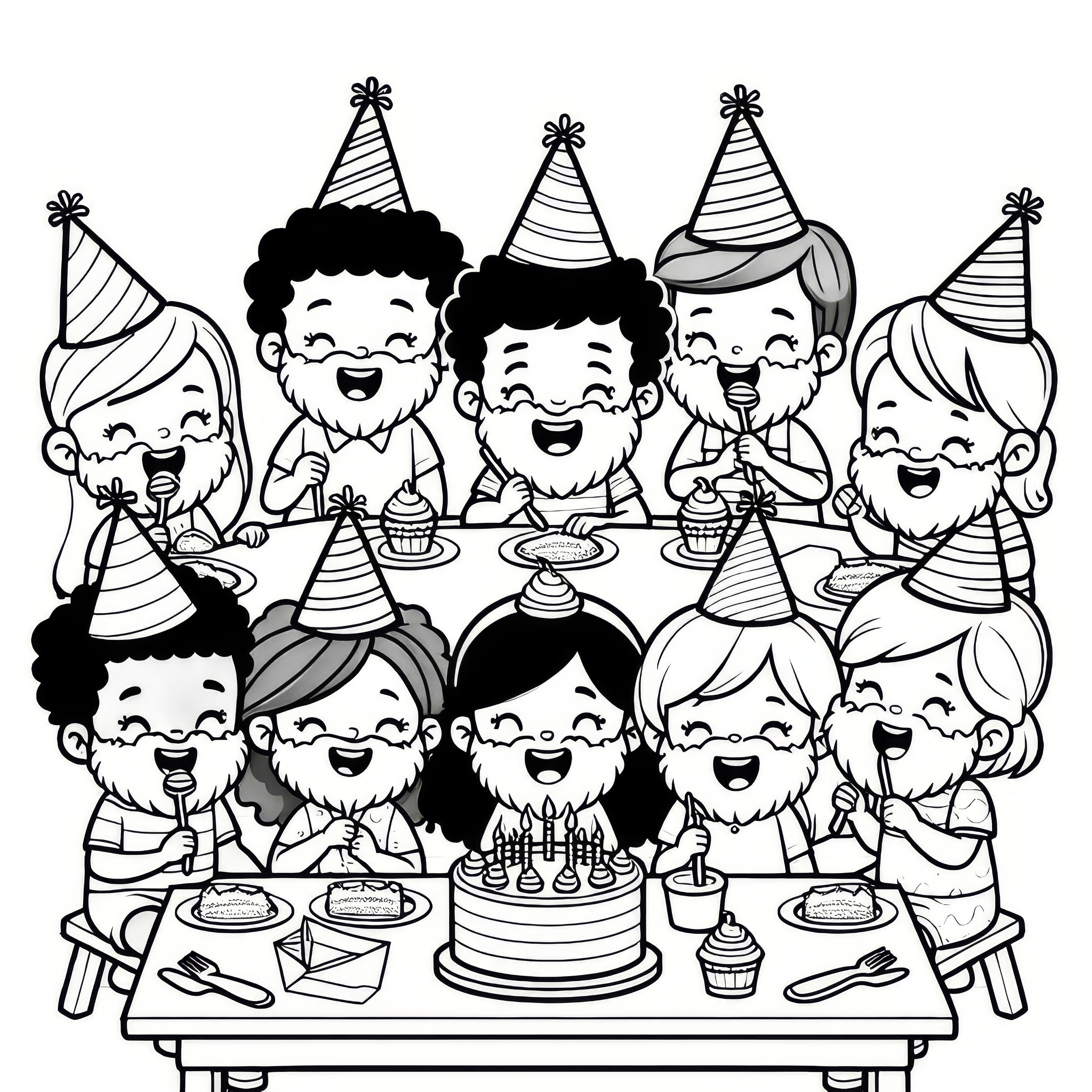 이상한 수염을 한 어린이들이 생일파티에서 케이크를 먹습니다: 무료 색칠 그림