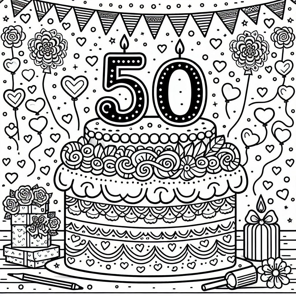 Ünnepélyesen díszített torta az 50. jubileumra: Ingyenes kifestő kép