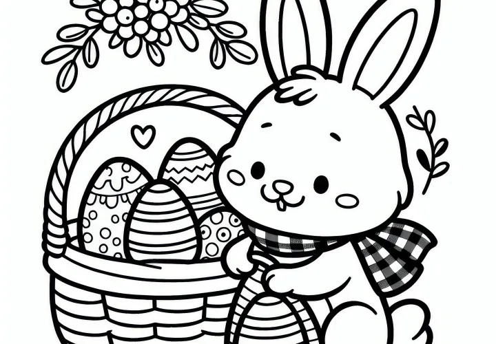 Paashaas met mand vol eieren: Kleurplaat voor april (Gratis)
