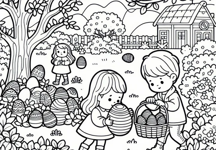 Kinder zoeken paaseieren in de tuin: Kleurplaat voor april (Gratis)