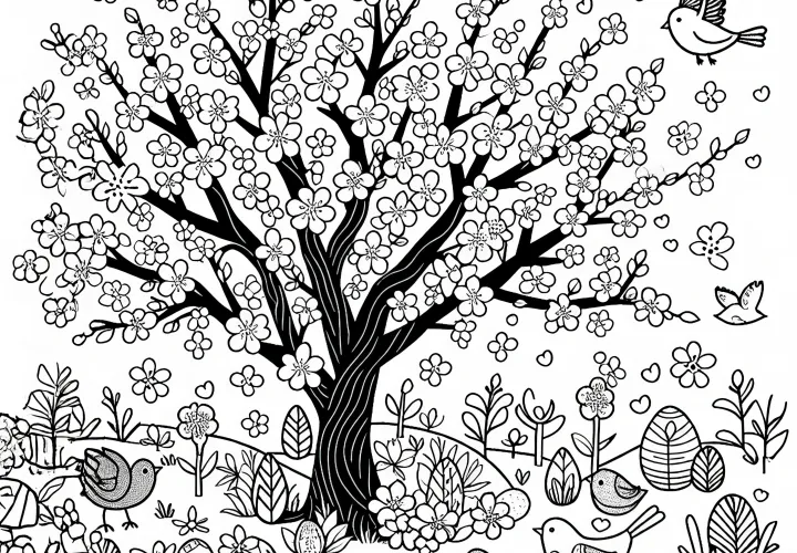 Lentebomen met bloemen en kleine vogels in april: Gratis kleurplaat