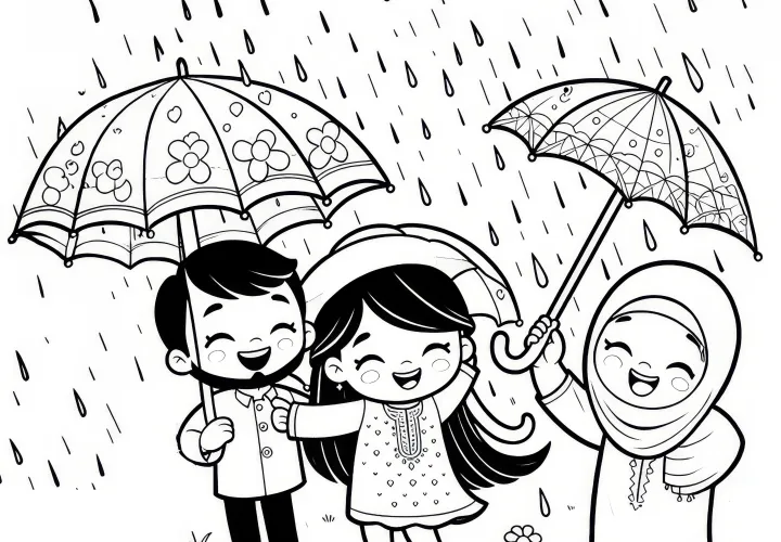 Regen in april met mensen onder paraplu's: Kleurplaat om te downloaden (Gratis)