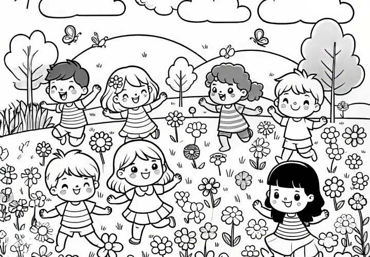 Weide vol bloemen met spelende kinderen in april: Gratis kleurplaat