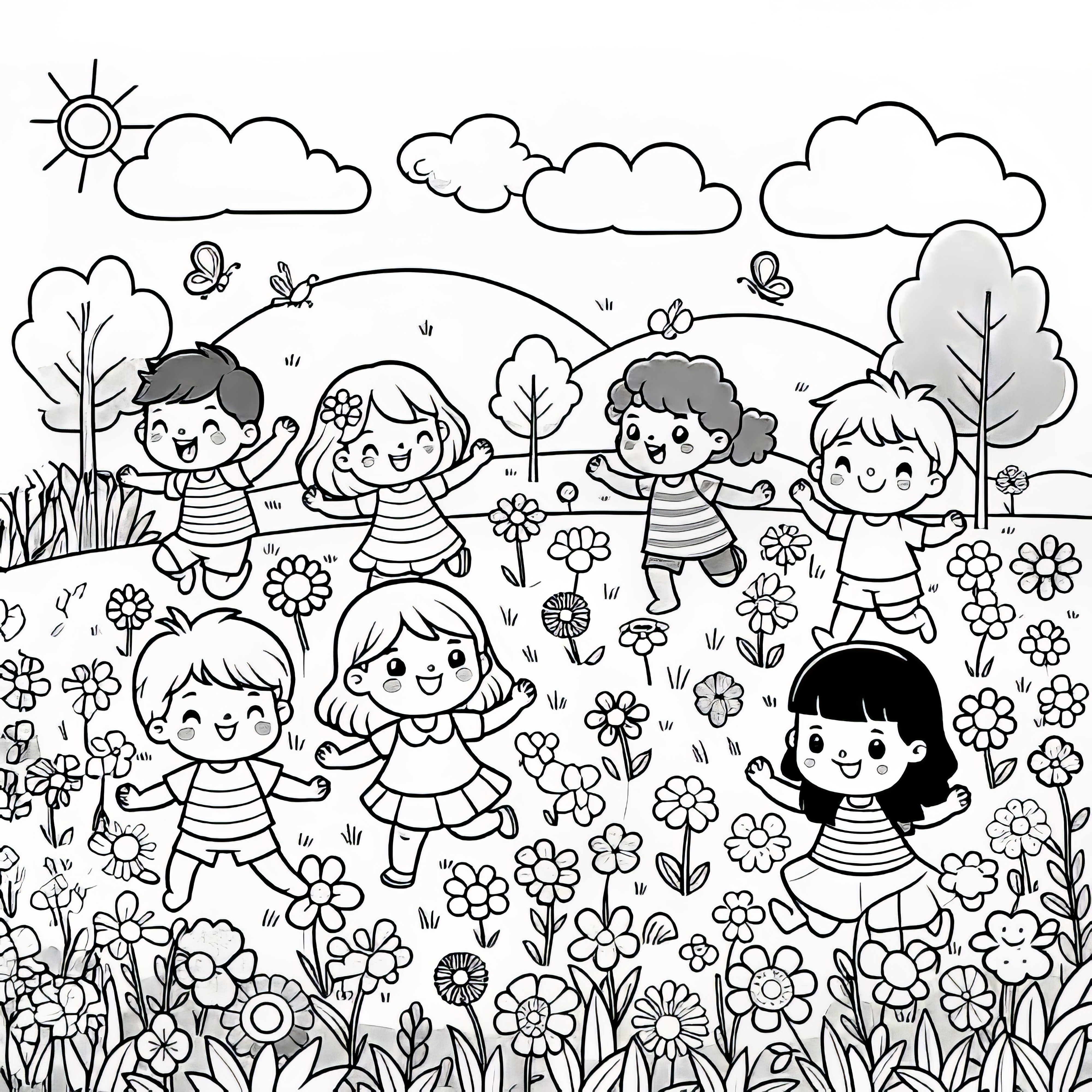 Field full of flowers with playing children in April: Free coloring picture