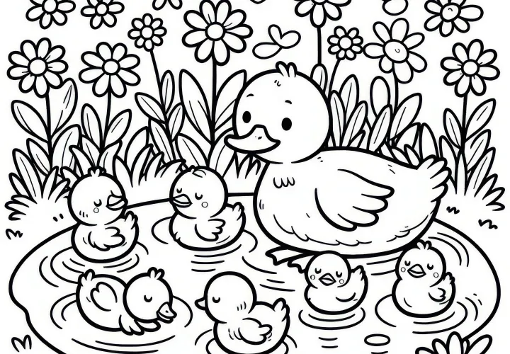 Eendenkuikens in een vijver in april: Kleurplaat om te downloaden (Gratis)