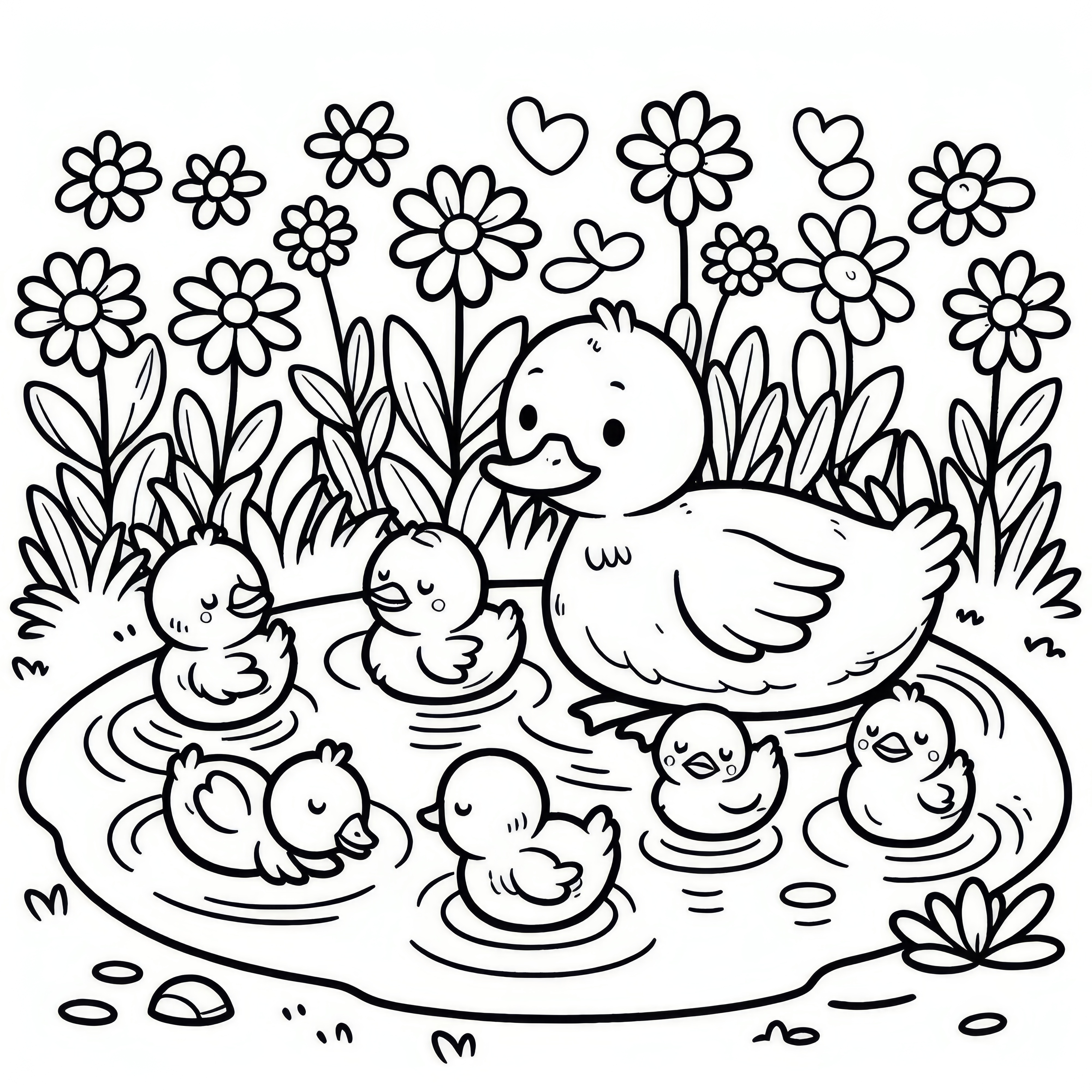 Ducklings in a pond in April: coloring picture for download (free)