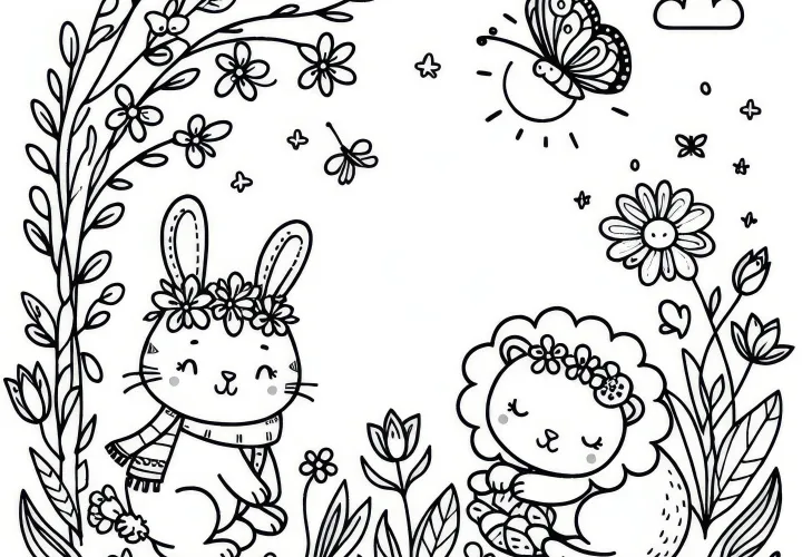 Schattig diermotief met vlinders in april: Kleurplaat om te downloaden (Gratis)