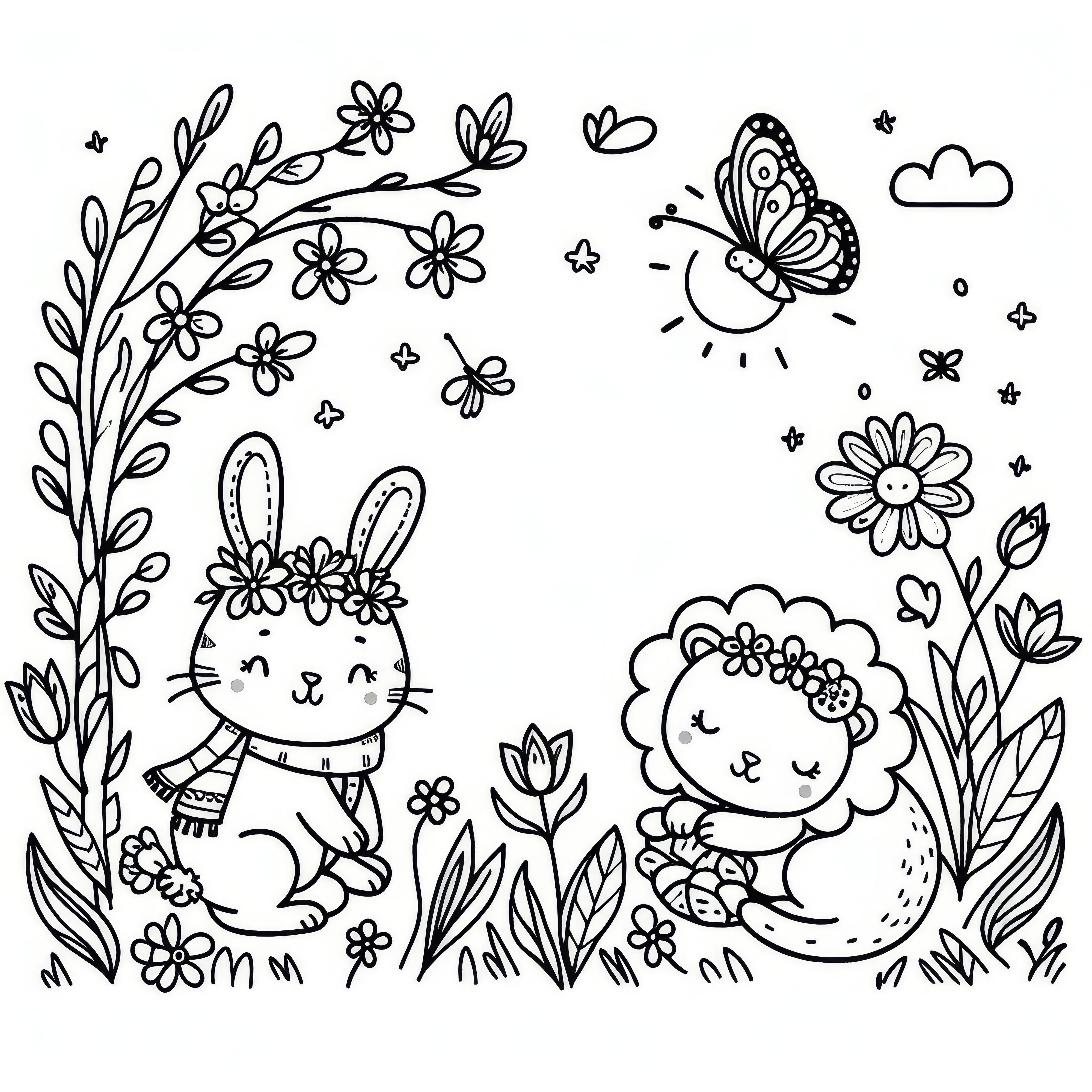 Motivo animal bonito com borboletas em abril: página para colorir a descarregar (gratuito)