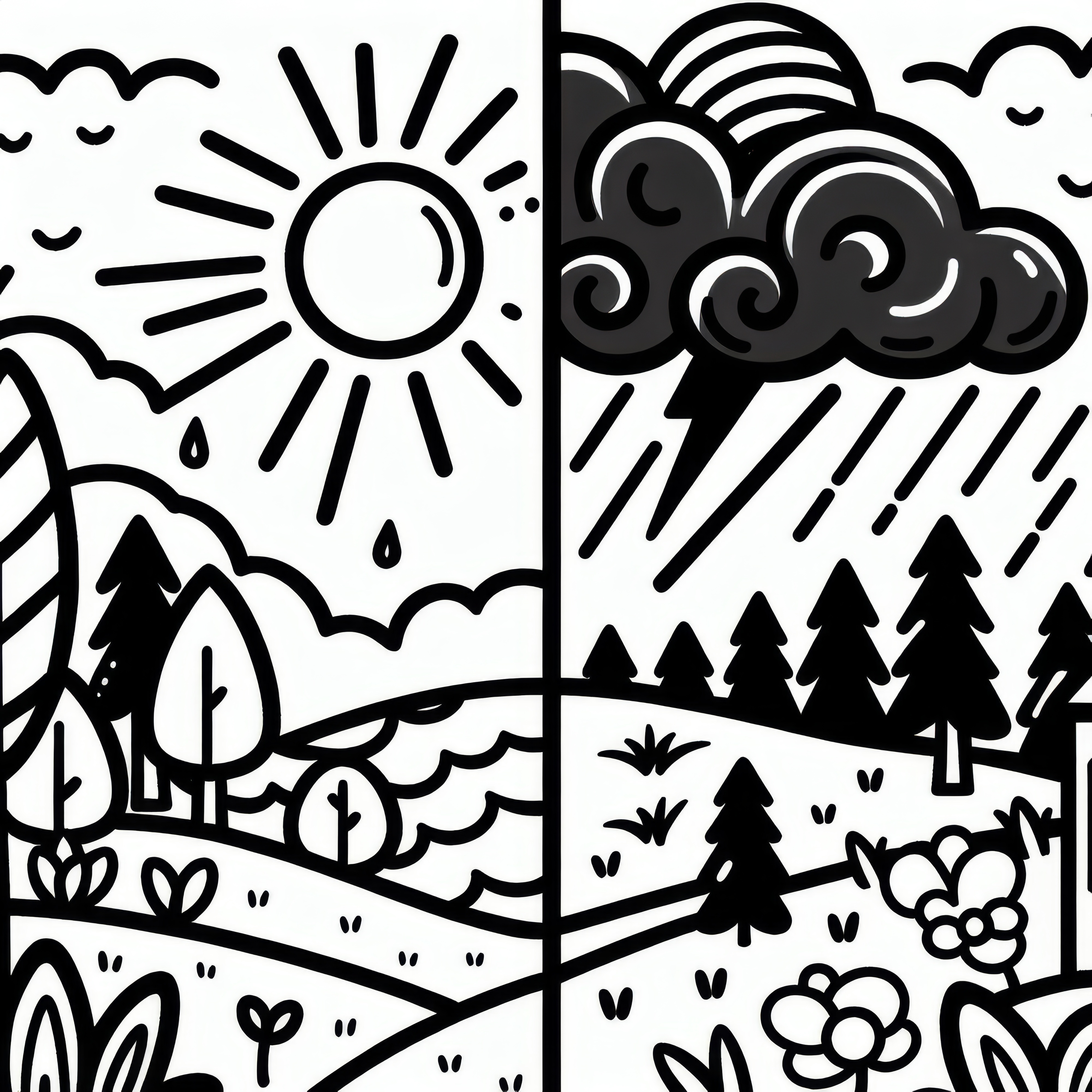 Tempo de abril com sol e tempestade: imagem para colorir a descarregar (gratuito)