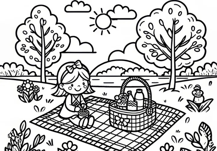 Picknick buiten met kleed en mandje in april: kleurplaat om te downloaden (Gratis)