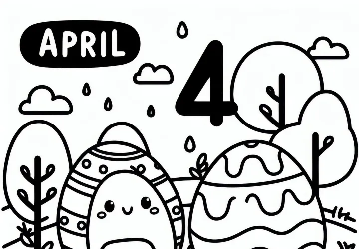 April kleurplaat met het nummer 4 met Paasei: Gratis downloaden