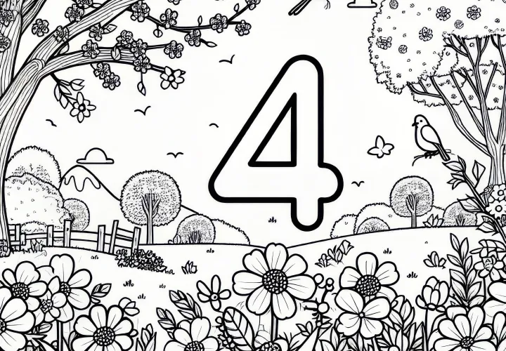 Kleurplaat met nummer 4 in lentelandschap voor april: Nu downloaden en inkleuren (Gratis)