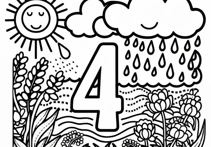 April kleurplaat met nummer 4 met zon en regen: Gratis kleurplaat