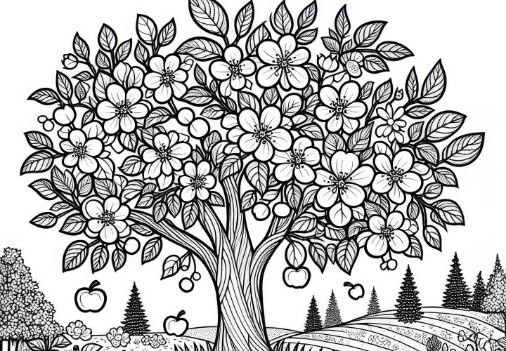 Bloeiende appelboom in volle pracht in mei: Gratis kleurplaat