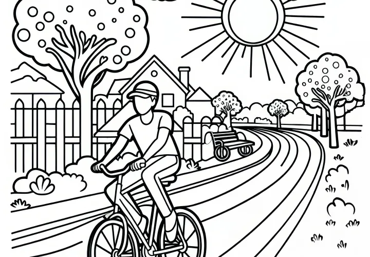 Fietser rijdt door zonnige laan in mei: Kleurplaat om te downloaden (Gratis)