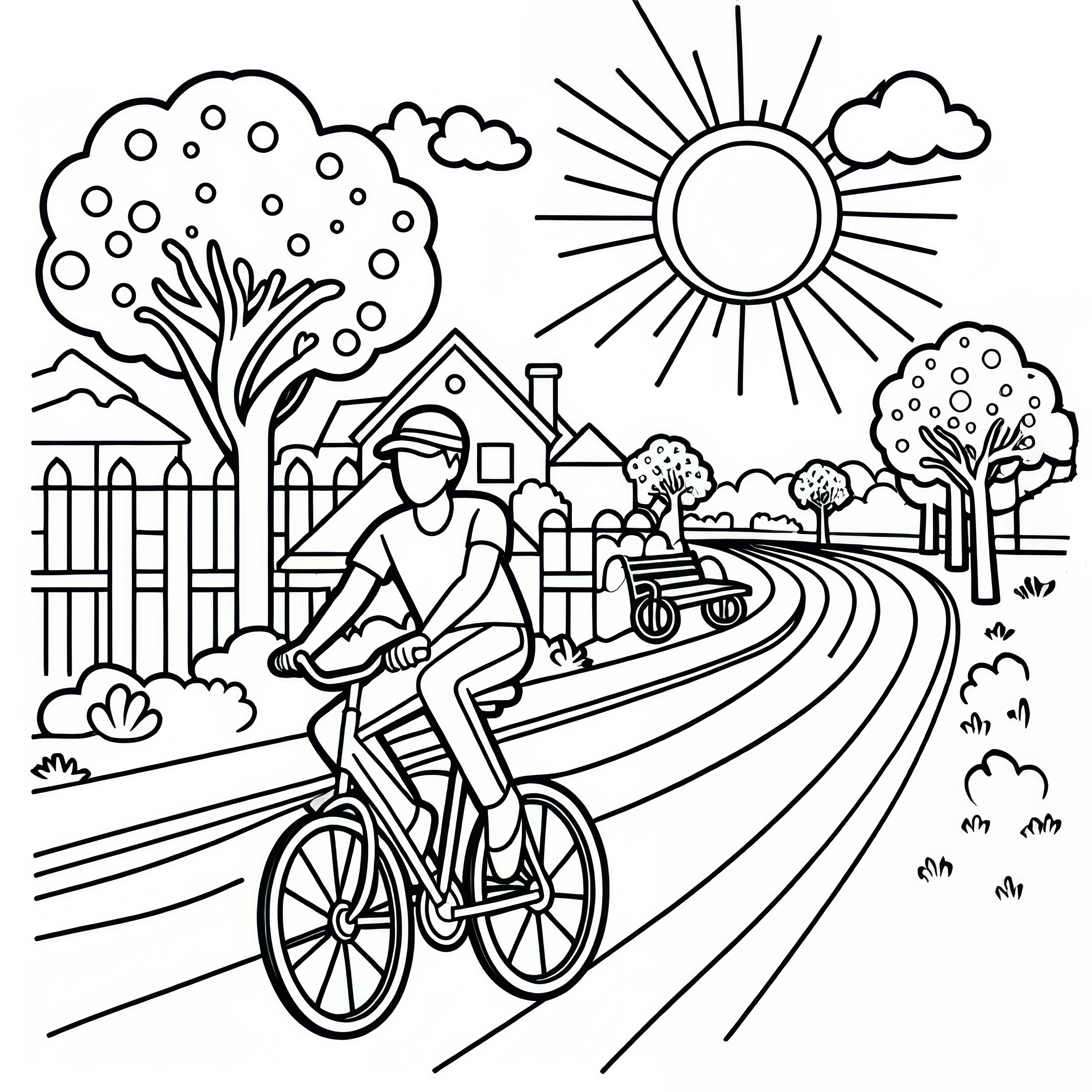 自転車乗りが５月に陽だまりの並木道を走っている様子：ダウンロード用の塗り絵（無料）