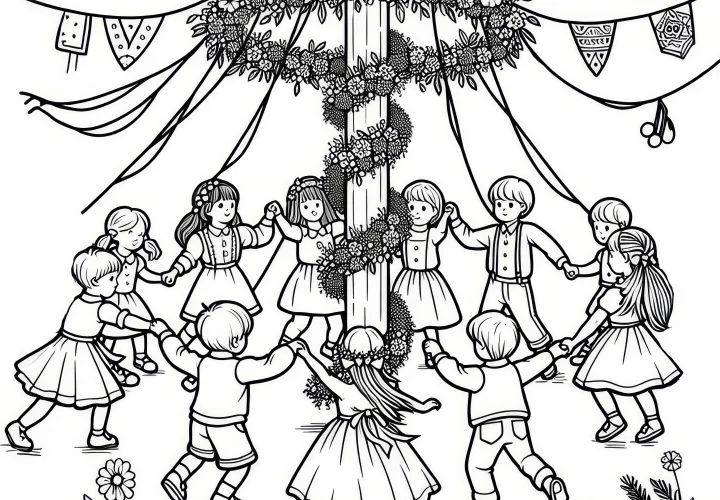Kinder dansen met bloemenkransen rond de meiboom: Gratis kleurplaat