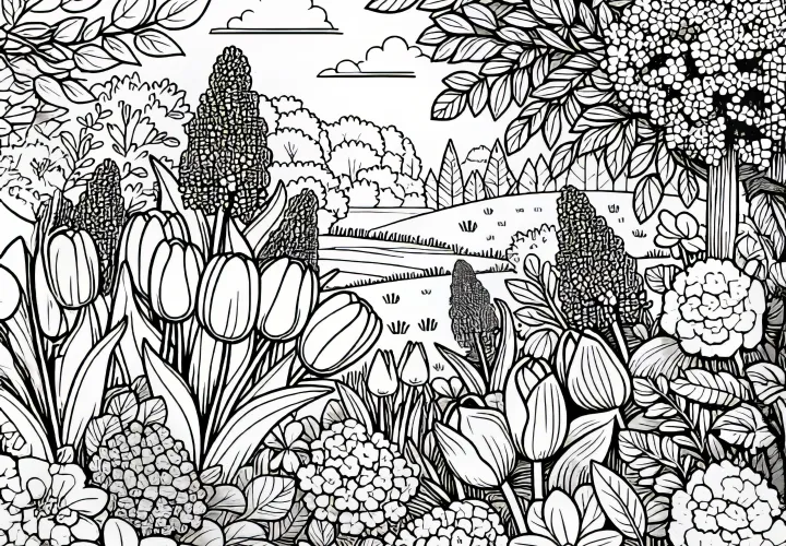 Tuin vol met tulpen, narcissen en seringen in mei: kleurplaat om te downloaden (gratis)