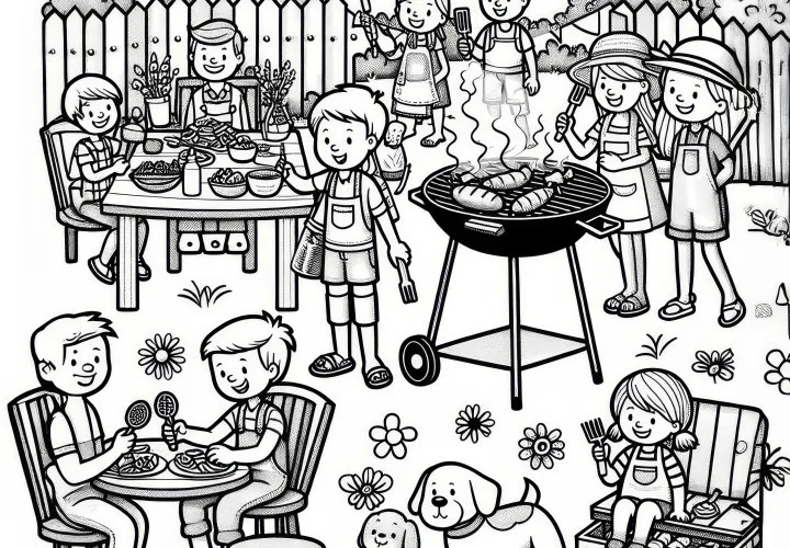 Mensen bij de barbecuereünie in de tuin in mei: Kleurplaat om te downloaden (Gratis)