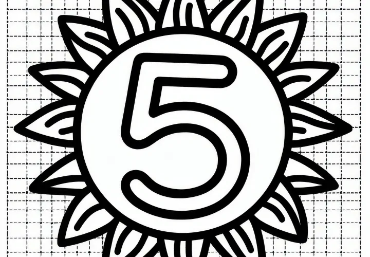 Getal 5 in het stralende zonlicht: Kleurplaat voor mei om te downloaden (Gratis)
