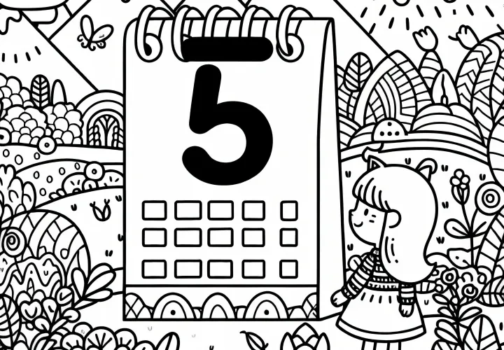 Kalenderblad met het nummer 5 voor de maand mei als kleurplaat (Gratis)