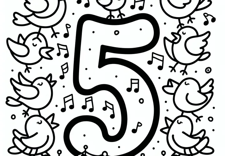 Muzikaal cijfer 5 met zingende vogels als mei kleurplaat: Gratis download