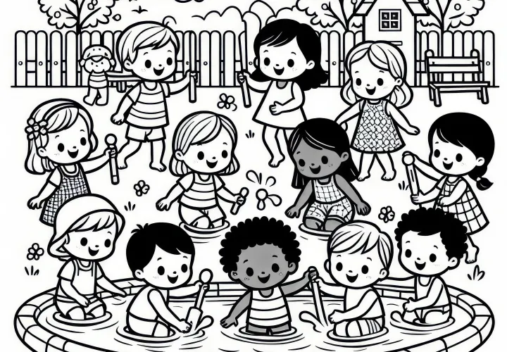 Kinder spelen in het zwembadje: Kleurplaat juni (Gratis)