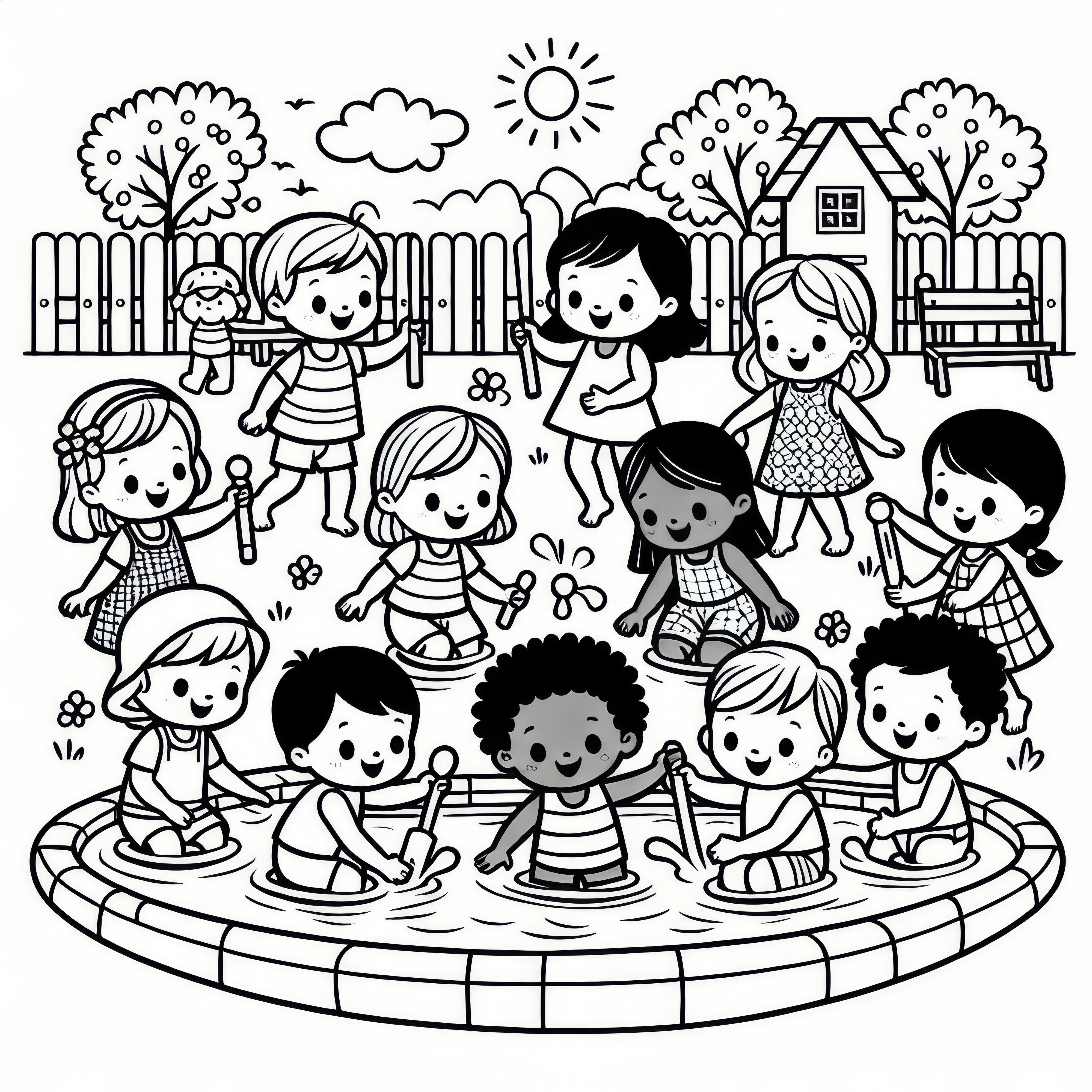 Kinder spelen in het plonsbad: Kleurplaat juni (Gratis)