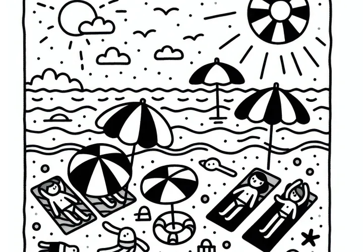 Mensen met parasols op het strand in juni: Gratis kleurplaat