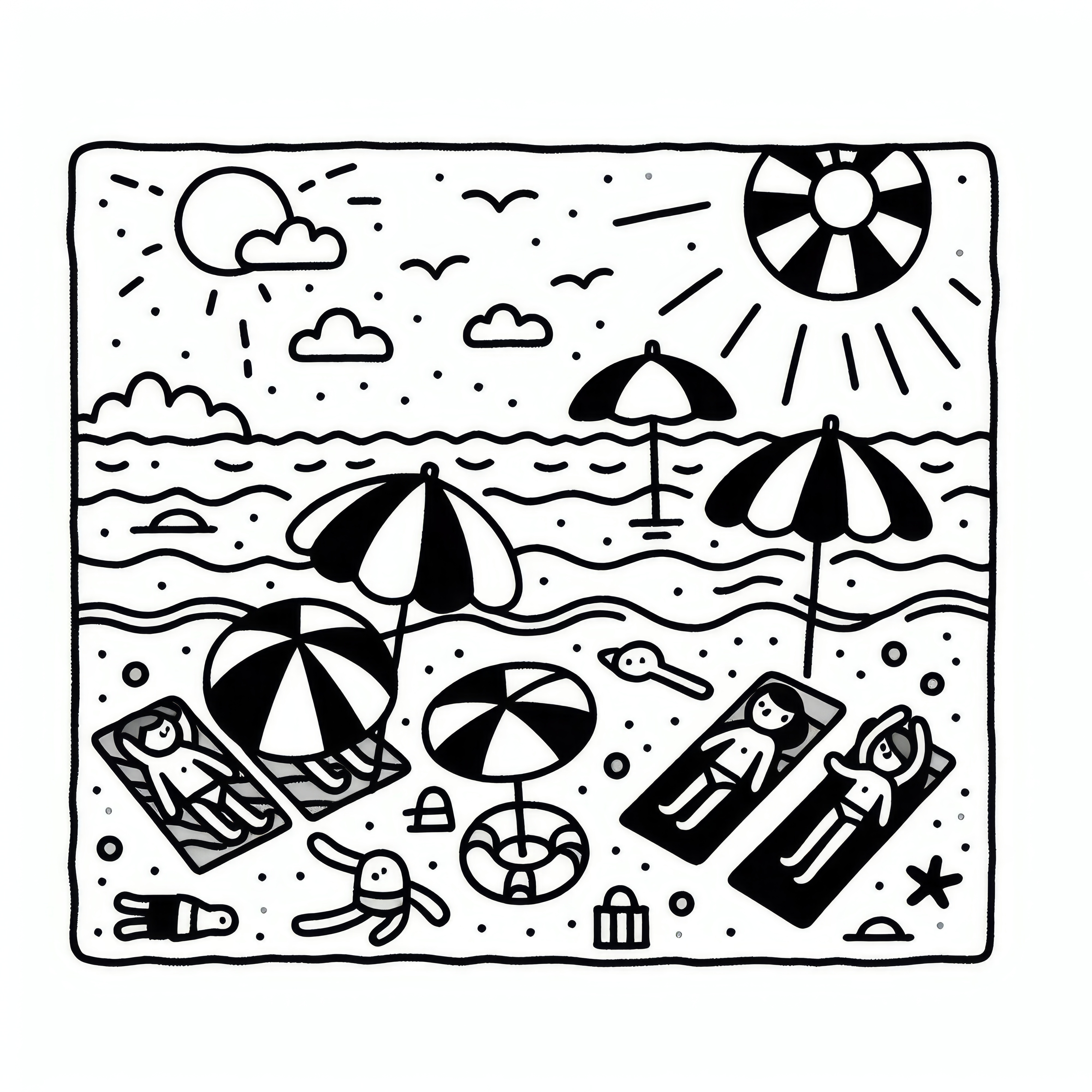 People with umbrellas at the beach in June: Free coloring page