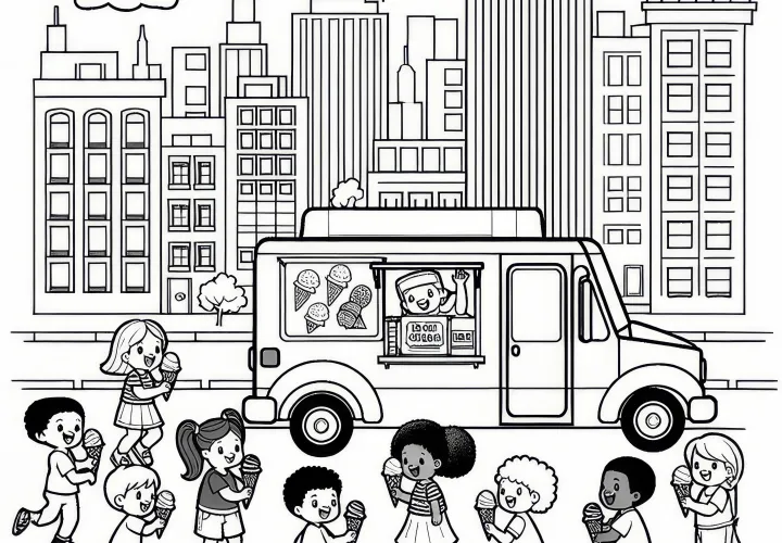 IJscombi in de stad met spelende kinderen in juni: Gratis kleurplaat