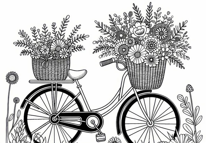 Fiets met manden vol zomerbloemen in juni: kleurplaat om te downloaden (Gratis)