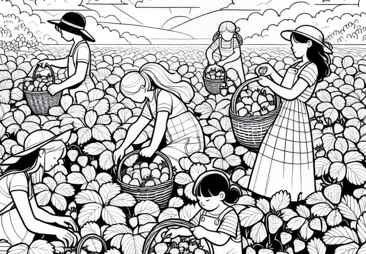 Mensen plukken aardbeien op het veld in juni: Gratis kleurplaat