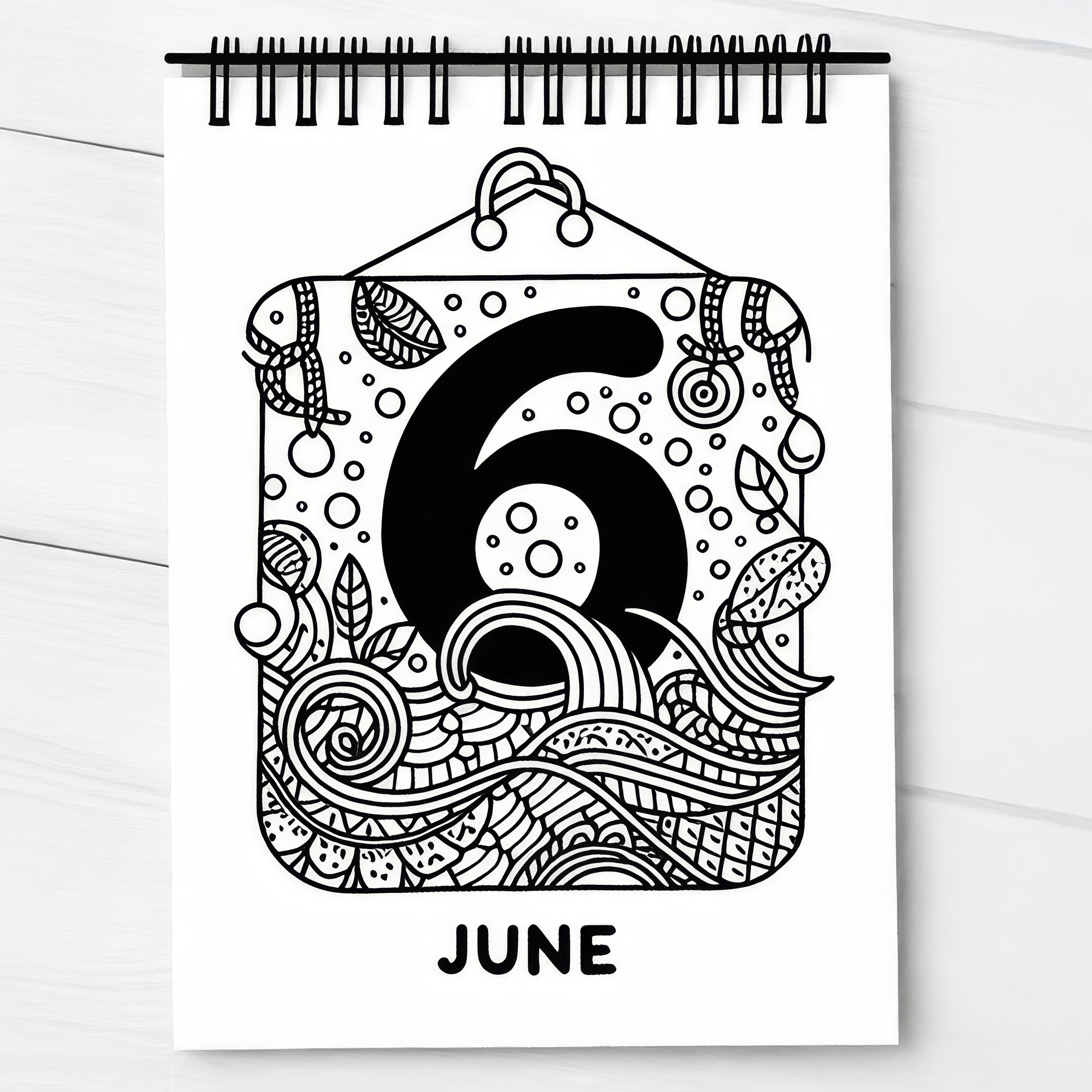 Kalenderblad met het nummer 6: Gratis kleurplaat voor de maand juni