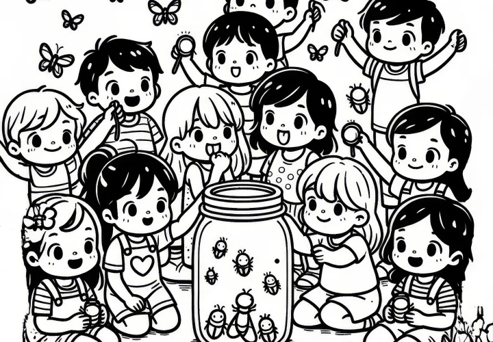 Kinder verzamelen vuurvliegjes in juni in een pot: Kleurplaat om te downloaden (Gratis)