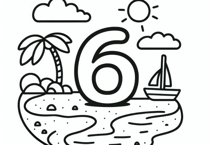 Het nummer 6 op het strand: Juni kleurplaat (Gratis)