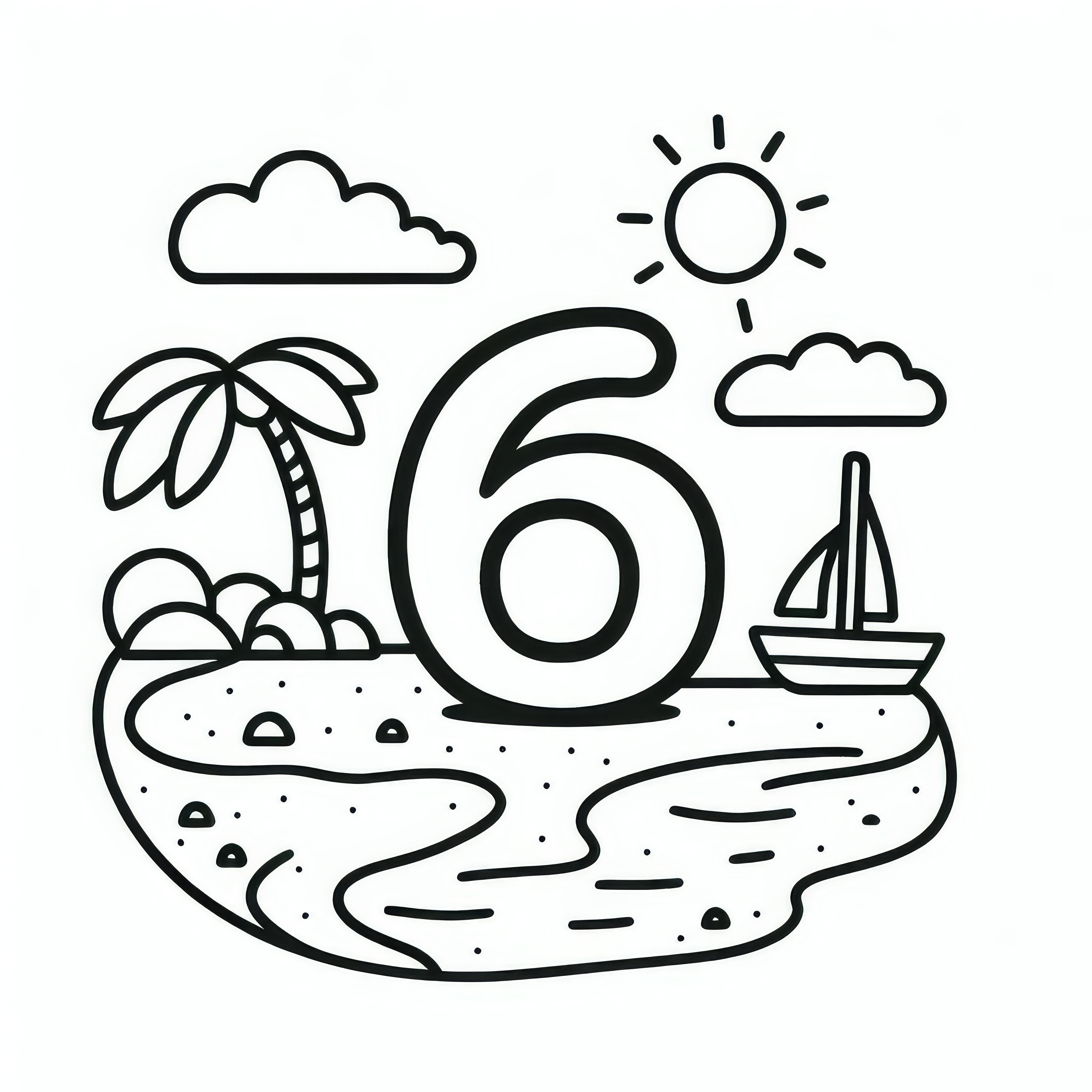 Het nummer 6 op het strand: Juni kleurplaat (Gratis)