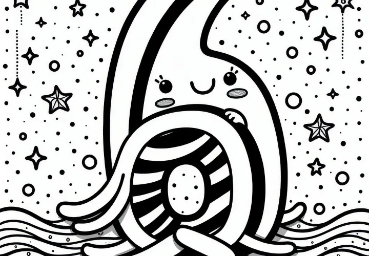 Nummer 6 in de glinsterende zee in juni: Kleurplaat om te downloaden (Gratis)